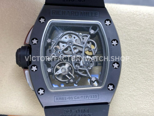 RM Factory Richard Mille RM 61-01 42.7mm Black Ceramic Black Rubber Strap Silver Skeleton Dial