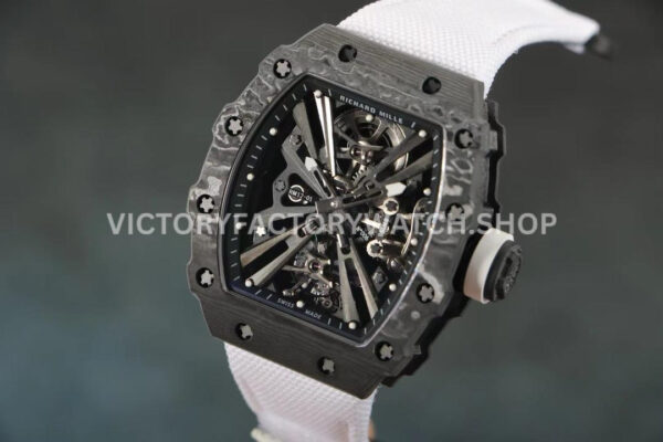 RM Factory Richard Mille RM 12-01 39mm Black Carbon Fiber White Canvas Strap Skeletonized Black Dial