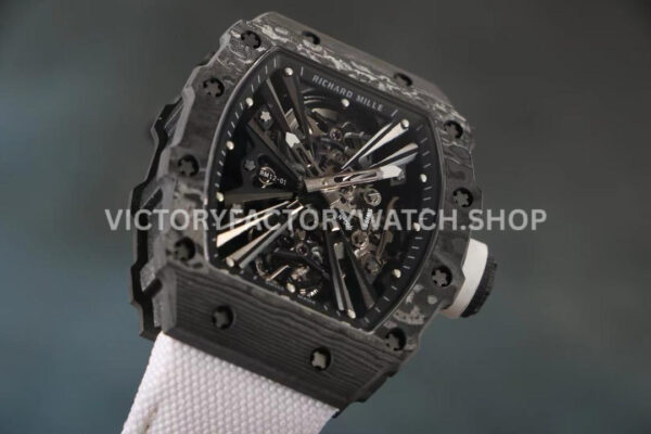 RM Factory Richard Mille RM 12-01 39mm Black Carbon Fiber White Canvas Strap Skeletonized Black Dial