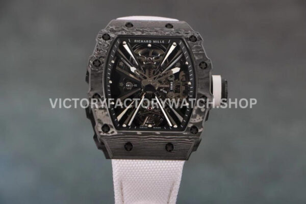 RM Factory Richard Mille RM 12-01 black carbon fiber white canvas strap black skeletonized dial