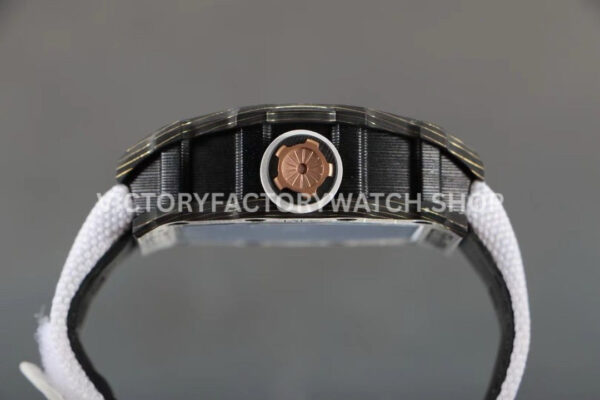RM1D5C~1 RM Factory Richard Mille RM 12-01 39mm Black Carbon Fiber White Canvas Strap Skeletonized Rose Gold Dial