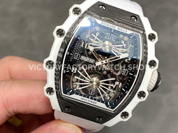 RM Factory Richard Mille RM 21-02 Tourbillon 43mm White Ceramics Canvas Strap Arabic numerals Skeletonized Black Dial