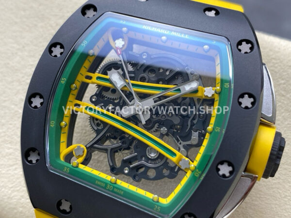 RMCB6A~1 RM Factory Richard Mille RM 61-01 42.7mm Carbon Fiber Yellow Rubber Strap Yellow And Green Skeleton Dial