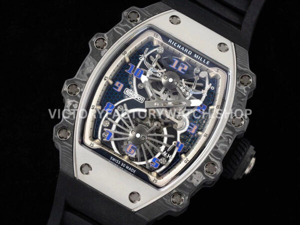 RM Factory Richard Mille RM 21-01 43mm Titanium Carbon Fiber Black Rubber Strap Arabic numerals Skeletonized White Dial