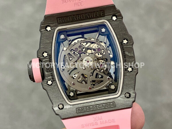T+ Factory Richard Mille RM35-02 44.5mm Carbon Fiber Pink Rubber Strap Skeletonized Dial (2) T+ Factory Richard Mille RM 35-02 44.5mm Carbon Fiber Pink Rubber Strap Skeletonized Dial