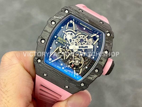 T+ Factory Richard Mille RM35-02 44.5mm Carbon Fiber Pink Rubber Strap Skeletonized Dial (6) T+ Factory Richard Mille RM 35-02 44.5mm Carbon Fiber Pink Rubber Strap Skeletonized Dial