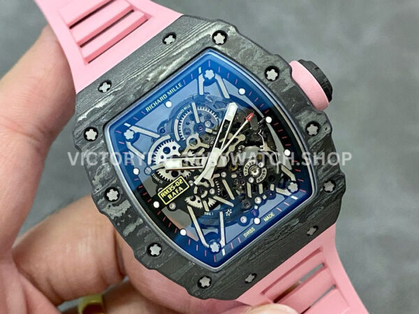 T+ Factory Richard Mille RM35-02 44.5mm Carbon Fiber Pink Rubber Strap Skeletonized Dial (7) T+ Factory Richard Mille RM 35-02 44.5mm Carbon Fiber Pink Rubber Strap Skeletonized Dial
