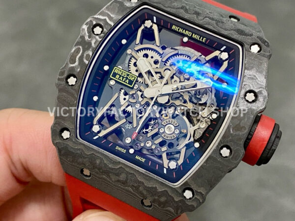 T+ Factory Richard Mille RM35-02 44.5mm Carbon Fiber Red Rubber Strap Skeletonized Dial (5) T+ Factory Richard Mille RM 35-02 44.5mm Carbon Fiber Red Rubber Strap Skeletonized Dial