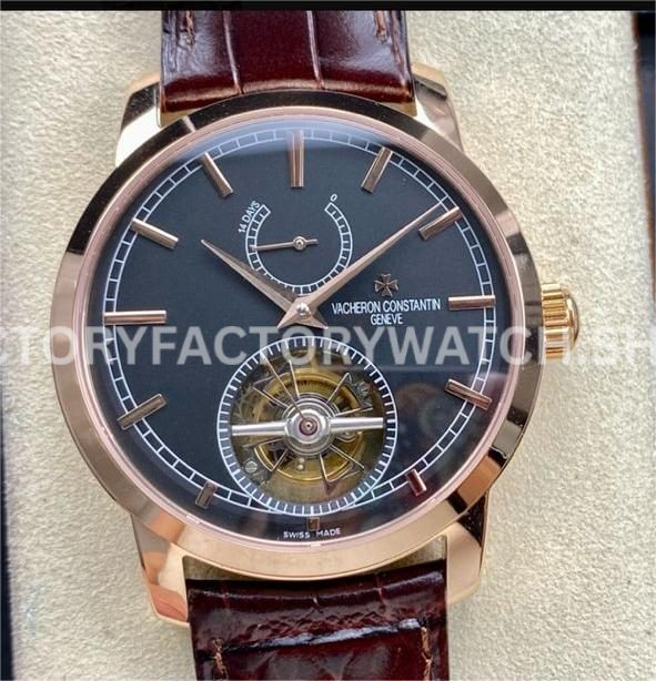 TUR Factory Vacheron Constantin Traditionnelle Tourbillon 89000 000R B407 42mm rose gold leather strap black dial replica watch