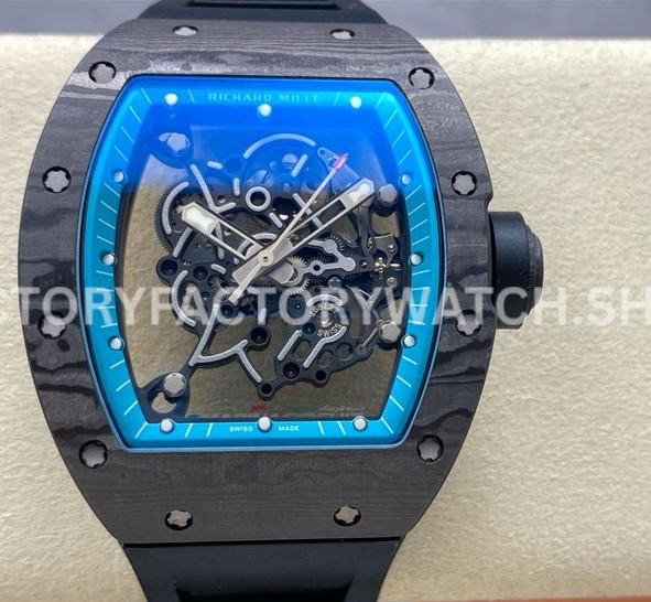 UOK Factory Richard Mille RM055 42.7mm Carbon Fiber Black Rubber Strap Blue Edge Skeletonized Dial (1 (3) UOK Factory Richard Mille RM 055 carbon fiber black rubber strap blue edge skeletonized dial
