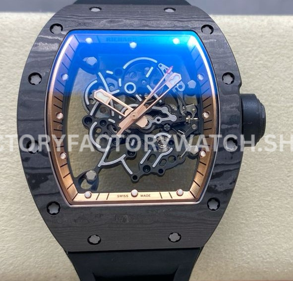 UOK Factory Richard Mille RM 055 carbon fiber black rubber strap rose gold edge skeletonized dial