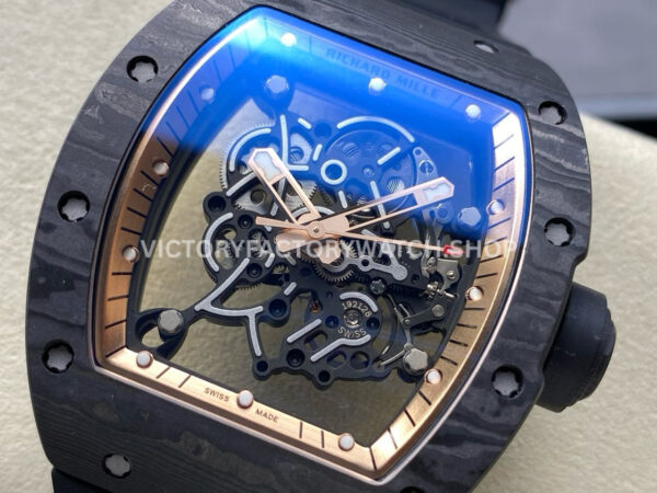 UOK Factory Richard Mille RM 055 42.7mm Carbon Fiber Black Rubber Strap Rose Gold Edge Skeletonized Dial