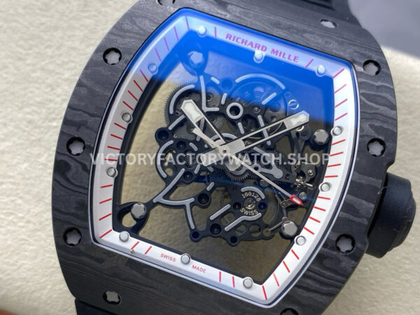 UOK Factory Richard Mille RM055 42.7mm Carbon Fiber Black Rubber Strap White Edge Skeletonized Dial (4) UOK Factory Richard Mille RM 055 42.7mm Carbon Fiber Black Rubber Strap White Edge Skeletonized Dial