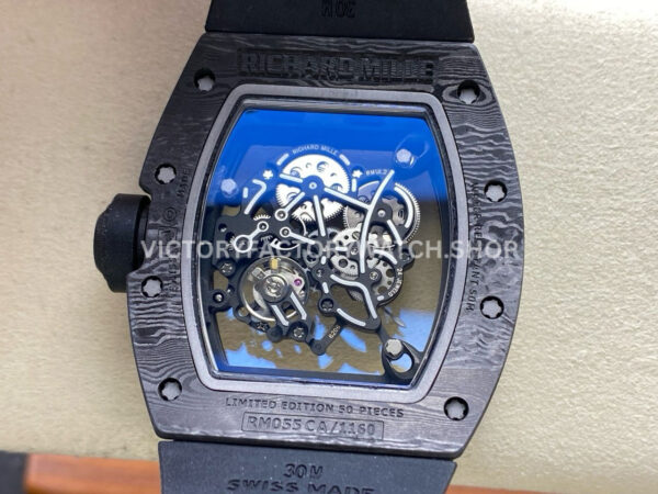 UOK Factory Richard Mille RM055 42.7mm Carbon Fiber Black Rubber Strap White Edge Skeletonized Dial (5) UOK Factory Richard Mille RM 055 42.7mm Carbon Fiber Black Rubber Strap White Edge Skeletonized Dial