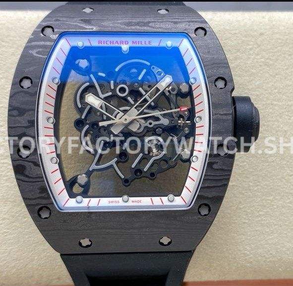 UOK Factory Richard Mille RM055 42.7mm Carbon Fiber Black Rubber Strap White Edge Skeletonized Dial (8) UOK Factory Richard Mille RM 055 carbon fiber black rubber strap white edge skeletonized dial