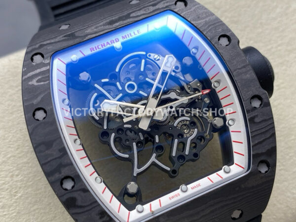 UOK Factory Richard Mille RM055 42.7mm Carbon Fiber Black Rubber Strap White Edge Skeletonized Dial (9) UOK Factory Richard Mille RM 055 42.7mm Carbon Fiber Black Rubber Strap White Edge Skeletonized Dial