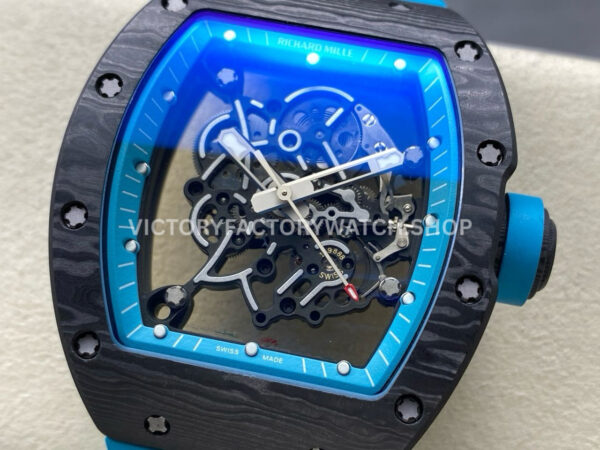 UOK Factory Richard Mille RM055 42.7mm Carbon Fiber Blue Rubber Strap Blue Edge Skeletonized Dial (1) UOK Factory Richard Mille RM 055 42.7mm Carbon Fiber Blue Rubber Strap Blue Edge Skeletonized Dial