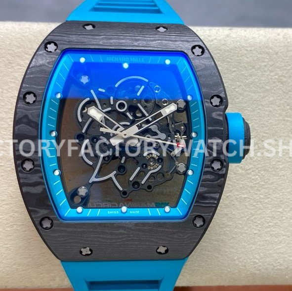UOK Factory Richard Mille RM055 42.7mm Carbon Fiber Blue Rubber Strap Blue Edge Skeletonized Dial (4) UOK Factory Richard Mille RM 055 carbon fiber blue rubber strap blue edge skeletonized dial