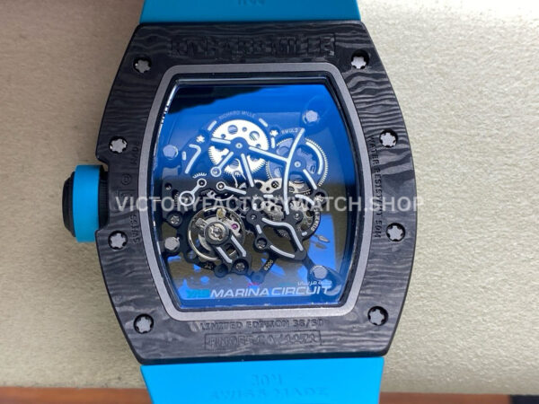 UOK Factory Richard Mille RM055 42.7mm Carbon Fiber Blue Rubber Strap Blue Edge Skeletonized Dial (5) UOK Factory Richard Mille RM 055 42.7mm Carbon Fiber Blue Rubber Strap Blue Edge Skeletonized Dial