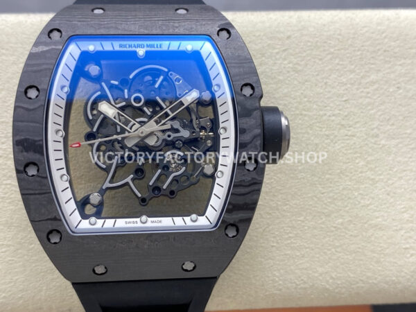 UOK Factory Richard Mille RM055 42.7mm Carbon Fiber Titanium Black Rubber Strap White Edge (4) UOK Factory Richard Mille RM 055 titanium carbon fiber black rubber strap white edge skeletonized dial