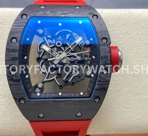 UOK Factory Richard Mille RM055 42.7mm Carbon Fiber Titanium Red Rubber Strap Black Edge Skelet (1) UOK Factory Richard Mille RM 055 titanium carbon fiber red rubber strap black edge skeletonized dial