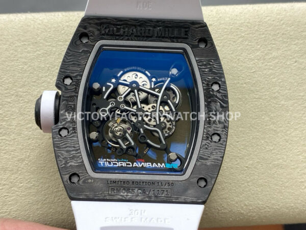 UOK Factory Richard Mille RM055 42.7mm Carbon Fiber White Rubber Strap Blue Edge Skeletonized Dial (1 (3) UOK Factory Richard Mille RM 055 42.7mm Carbon Fiber White Rubber Strap Blue Edge Skeletonized Dial