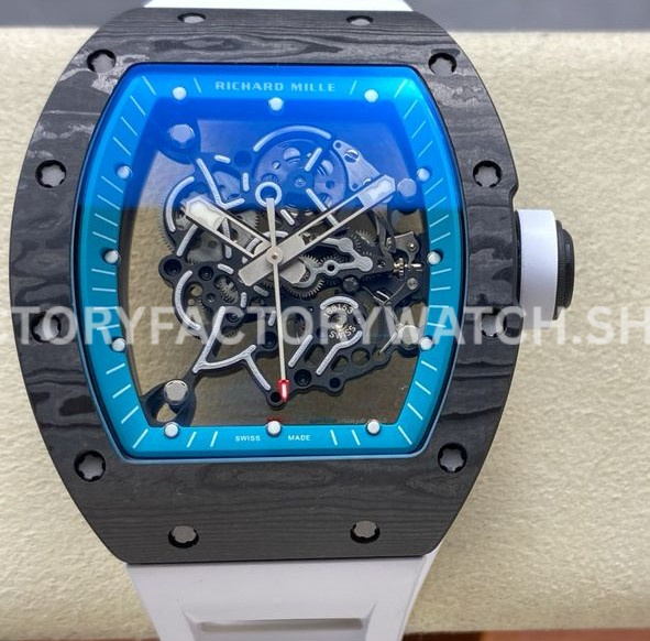 UOK Factory Richard Mille RM055 42.7mm Carbon Fiber White Rubber Strap Blue Edge Skeletonized Dial (1 (5) UOK Factory Richard Mille RM 055 carbon fiber white rubber strap blue edge skeletonized dial