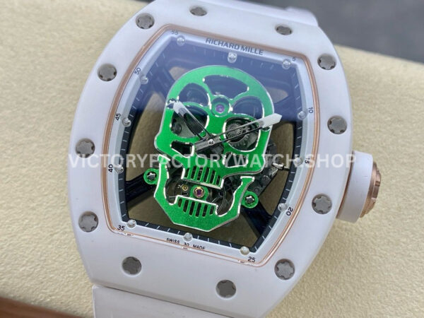YS Factory Richard Mille RM 52-01 43mm White Ceramics White Rubber Strap Green Skeletonized Skull Dial