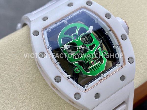 YS Factory Richard Mille RM 52-01 43mm White Ceramics White Rubber Strap Green Skeletonized Skull Dial