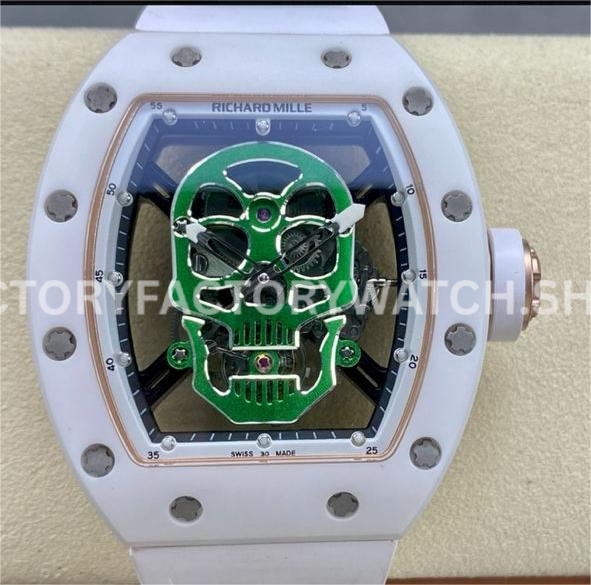 YS Factory Richard Mille RM 52-01 43mm white ceramic white rubber strap green skeletonized skull dial