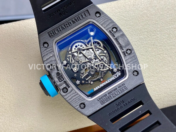 ZF Factory Richard Mille RM 055 42.7mm Carbon Fiber Black Rubber Strap Skeletonized Blue Dial