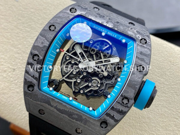 ZF Factory Richard Mille RM 055 42.7mm Carbon Fiber Black Rubber Strap Skeletonized Blue Dial