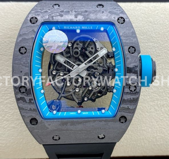 ZF Factory Richard Mille RM 055 carbon fiber black rubber strap skeletonized blue dial