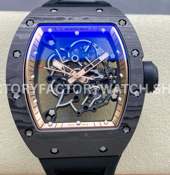 ZF Factory Richard Mille RM 055 carbon fiber black rubber strap skeletonized rose gold dial