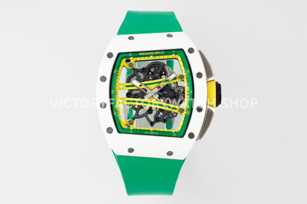 ZF Factory Richard Mille RM 061-01 Yohan Blake 42.7mm White Ceramic Green Rubber Strap Skeletonized Green Dial (3) ZF Factory Richard Mille RM 61-01 Yohan Blake white ceramic green rubber strap skeletonized green dial