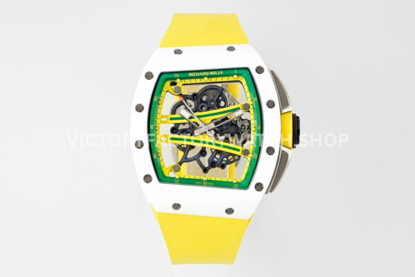 ZF Factory Richard Mille RM 061-01 Yohan Blake 42.7mm White Ceramic Yellow Rubber Strap Skeletonized Green Dial (9) ZF Factory Richard Mille RM 61-01 Yohan Blake white ceramic yellow rubber strap skeletonized green dial