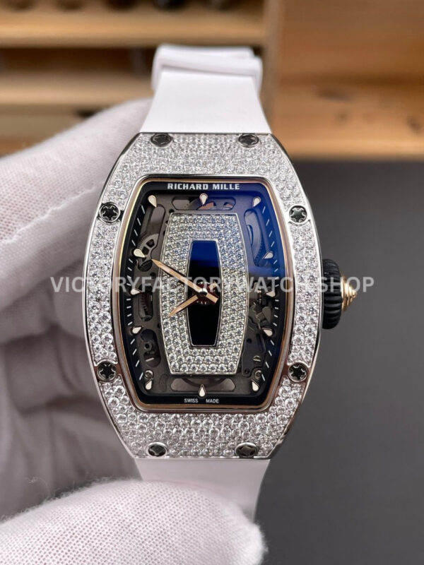 ZF Factory Richard Mille RM 07 31.4mm Diamond Bezel White Rubber Strap Skeletonized Black Dial (5) ZF Factory Richard Mille RM 07 31.4mm Diamond Bezel White Rubber Strap Skeletonized Black Dial