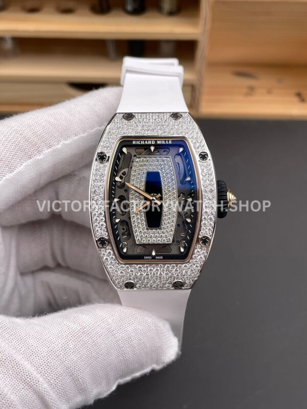 ZF Factory Richard Mille RM 07 31.4mm Diamond Bezel White Rubber Strap Skeletonized Black Dial (8) ZF Factory Richard Mille RM 07 diamond bezel white rubber strap skeletonized black dial