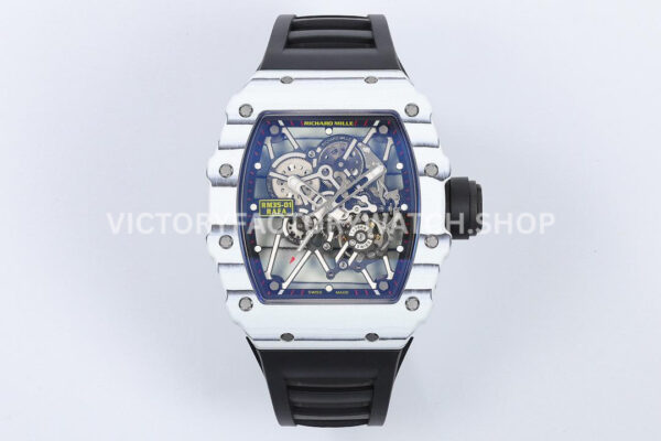 ZF Factory Richard Mille RM 35-01 42mm White Carbon Fiber Black Rubber Strap White Skeletonized Dial (5) ZF Factory Richard Mille RM 35-01 white carbon fiber black rubber strap white skeletonized dial
