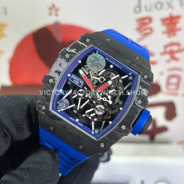 ZF Factory Richard Mille RM 35-01 PSG 42mm Black Carbon Fiber Blue Rubber Strap Black Skeletonized Dial (4) ZF Factory Richard Mille RM 35-01 PSG 43mm Black Carbon Fiber Blue Rubber Strap Black Skeletonized Dial