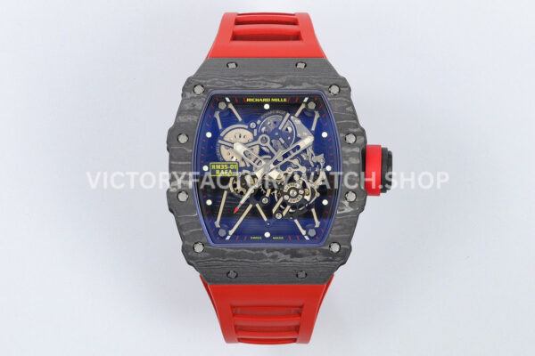 ZF Factory Richard Mille RM 35-01 Rafael Nadal 42mm Black Carbon Fiber Red Rubber Strap Skeletonized Dial (8) ZF Factory Richard Mille RM 35-01 Rafael Nadal black carbon fiber red rubber strap skeletonized dial