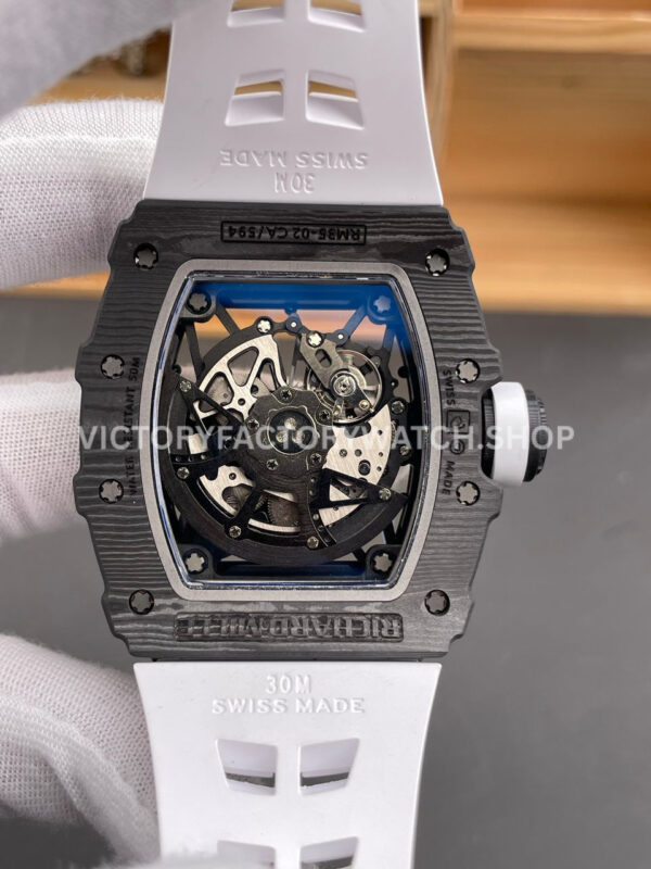 ZF Factory Richard Mille RM 35-02 44.5mm Black Carbon Fiber White Rubber Strap Black Skeletonized Dial