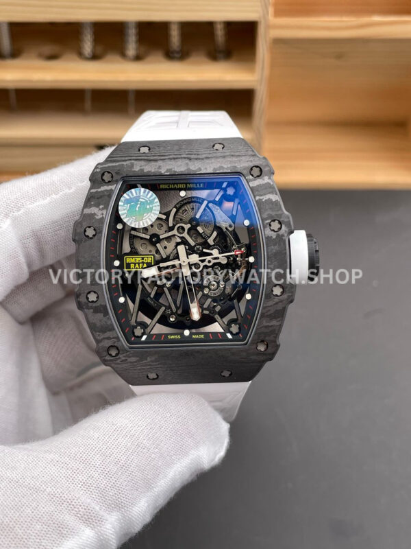 ZF Factory Richard Mille RM 35-02 black carbon fiber white rubber strap black skeletonized dial