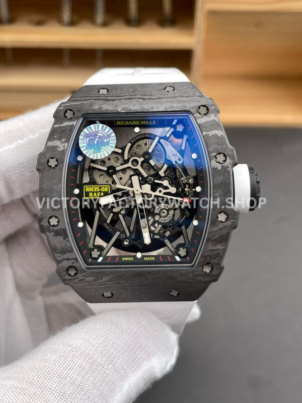 ZF Factory Richard Mille RM 35-02 44.5mm Black Carbon Fiber White Rubber Strap Black Skeletonized Dial