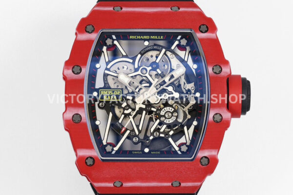ZF Factory Richard Mille RM 35-02 44.5mm Red Carbon Fiber Canvas Strap Black Skeletonized (7) ZF Factory Richard Mille RM 35-02 44.5mm Red Carbon Fiber Canvas Strap Black Skeletonized