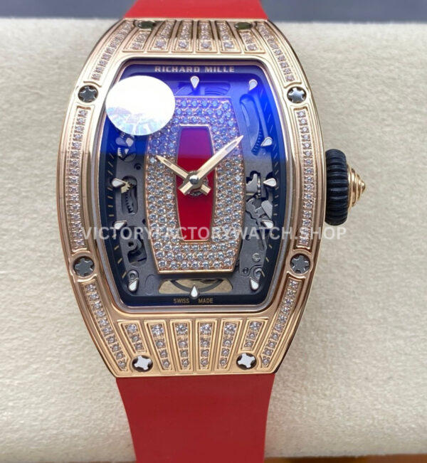 ZF Factory Richard Mille RM 07 diamond rose gold red rubber strap skeletonized black dial