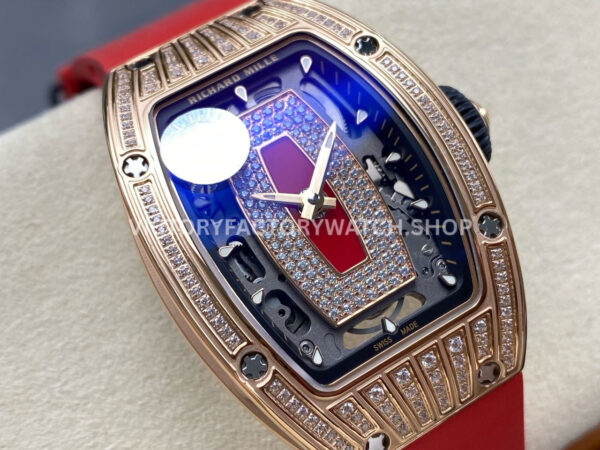 ZF Factory Richard Mille RM 07 31.4mm Diamond Rose Gold Red Rubber Strap Skeletonized Black Dial