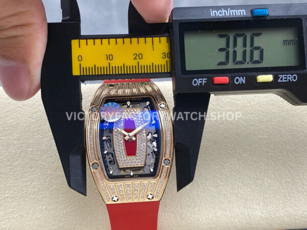 ZF Factory Richard Mille RM 07 31.4mm Diamond Rose Gold Red Rubber Strap Skeletonized Black Dial