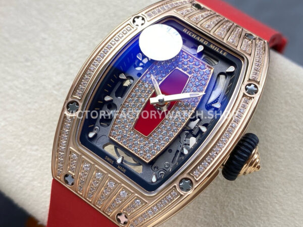 ZF Factory Richard Mille RM 07 31.4mm Diamond Rose Gold Red Rubber Strap Skeletonized Black Dial