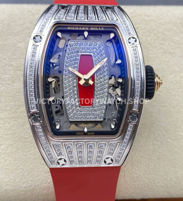 ZF Factory Richard Mille RM07 31.4mm Diamond White Gold Red Rubber Strap Skeletonized Black Dial (1) ZF Factory Richard Mille RM 07 diamond white gold red rubber strap skeletonized black dial